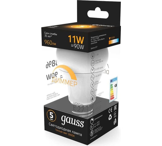 Лампа Gauss LED A60-dim E27 11W 960lm 3000К 102502111-D