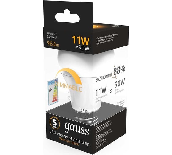 Лампа Gauss LED A60-dim E27 11W 960lm 3000К 102502111-D