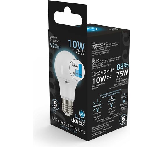 Лампа Gauss LED A60 10W E27 920lm 4100K 102502210-S