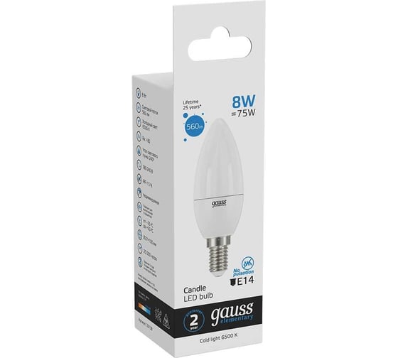 Лампа Gauss LED Elementary Свеча 8W E14 560lm 6500K 33138