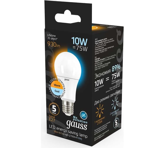 Лампа Gauss LED A60 10W E27 930lm 2700K/4100K 102502110-T