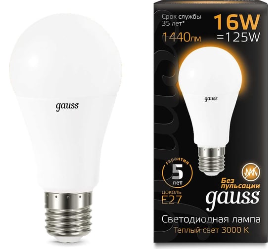 Светодиодная лампа Gauss A60 16W 1440lm 3000K E27 LED 1/10/50 102502116 1