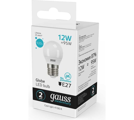Лампа Gauss LED Elementary Шар 12W 920lm E27 4100K 53222