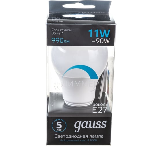 Светодиодная лампа Gauss A60 11W 990lm 4100К E27 диммируемая LED 1/10/50 102502211-D