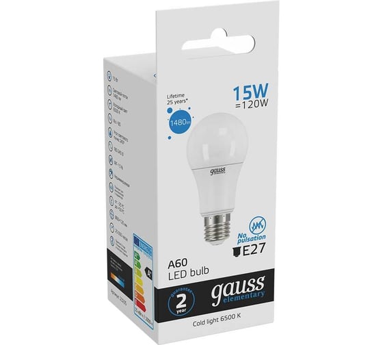 Лампа Gauss LED Elementary A60 15W E27 1480lm 6500K 23235