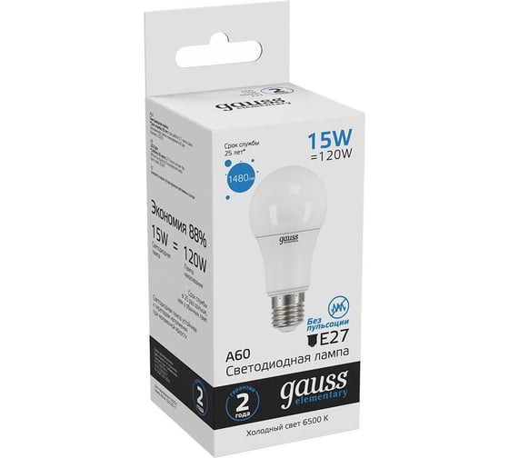 Лампа Gauss LED Elementary A60 15W E27 1480lm 6500K 23235