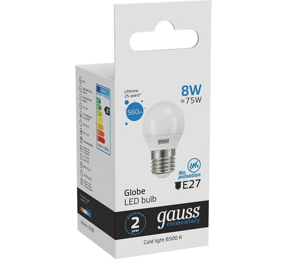 Светодиодная лампа Gauss Elementary Шар 8W 560lm 6500K Е27 LED 1/10/100 53238