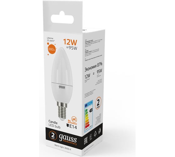 Лампа Gauss LED Elementary Свеча 12W 880Лм E14 3000K SQ 33112