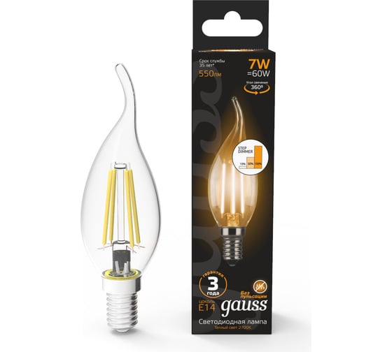 Лампа Gauss LED Filament Свеча на ветру E14 7W 550lm 2700K 104801107-S 1