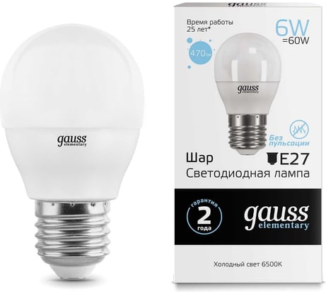 Лампа Gauss LED Elementary Шар 6W E27 470lm 6500K 53236