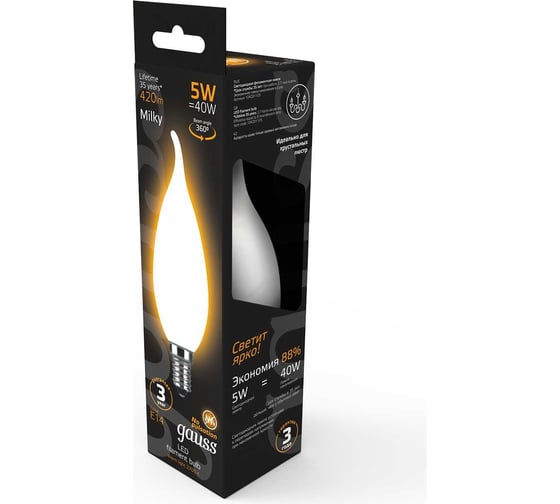 Лампа Gauss LED Filament Свеча на ветру OPAL E14 5W 420Лм 2700К SQ 104201105