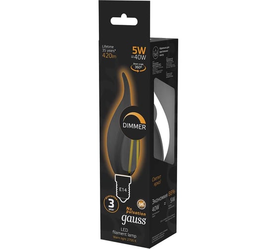 Лампа Gauss LED Filament Свеча на ветру dimmable E14 5W 420Лм 2700K SQ 104801105-D