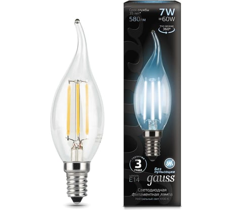 Лампа Gauss LED Filament Свеча на ветру E14 7W 580Лм 4100К SQ 104801207