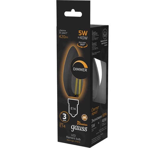 Лампа Gauss LED Filament Свеча dimmable E14 5W 420lm 2700К 103801105-D