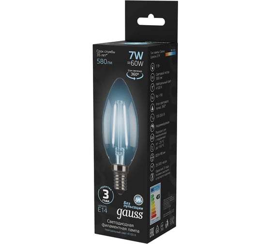 Лампа Gauss LED Filament Свеча E14 7W 580Лм 4100К SQ 103801207