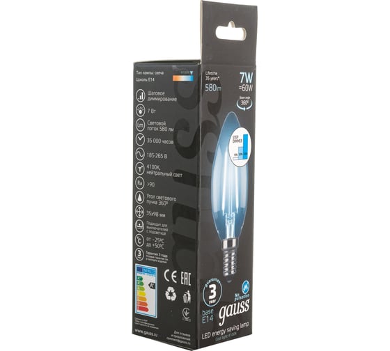 Лампа Gauss LED Filament Свеча E14 7W 580Лм 4100К SQ 103801207-S