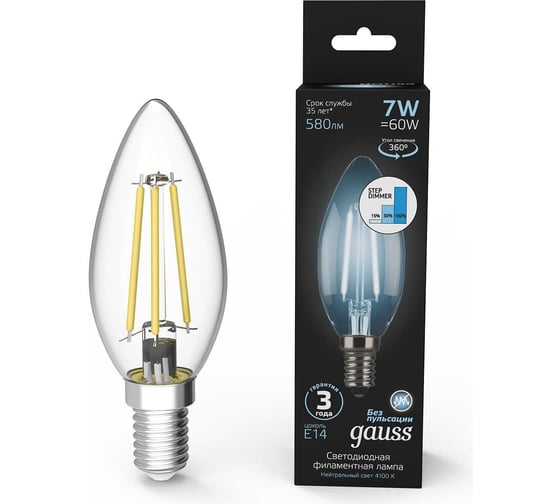 Лампа Gauss LED Filament Свеча E14 7W 580Лм 4100К SQ 103801207-S 1