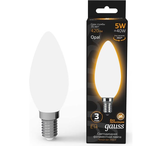 Лампа Gauss LED Filament Свеча OPAL E14 5W 420Лм 2700К SQ 103201105
