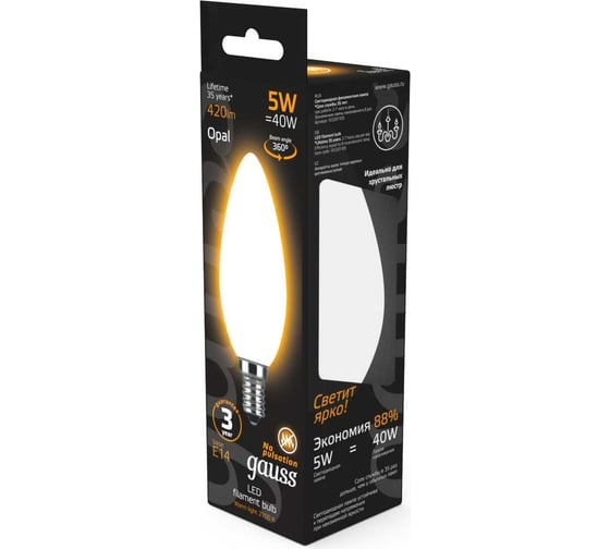 Лампа Gauss LED Filament Свеча OPAL E14 5W 420Лм 2700К SQ 103201105