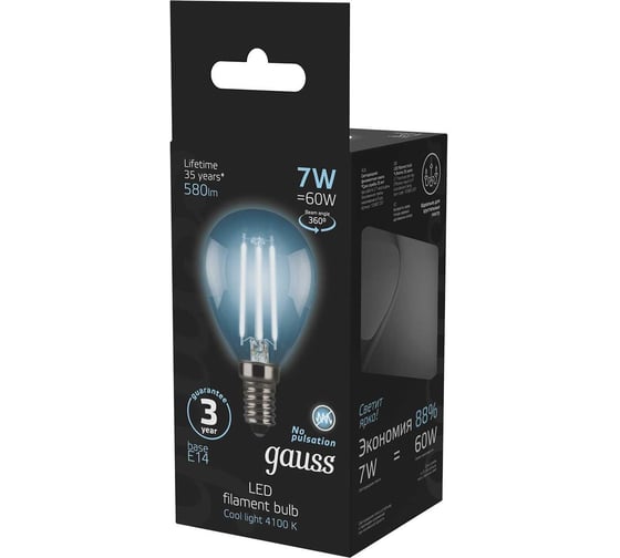 Лампа Gauss LED Filament Шар E14 7W 580Лм 4100K SQ 105801207