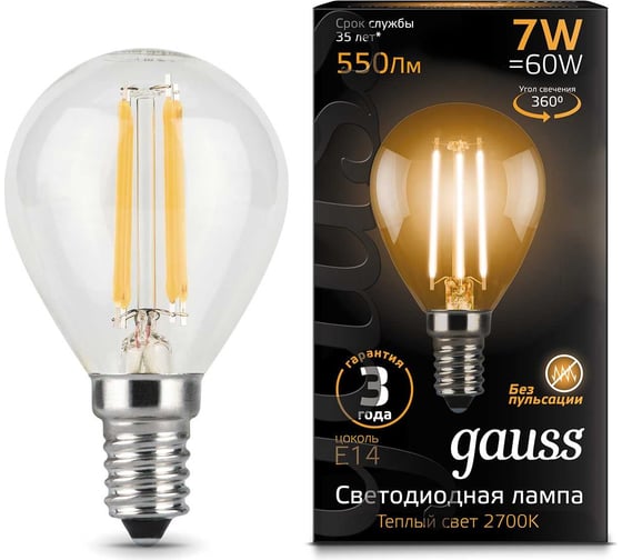 Лампа Gauss LED Filament Шар E14 7W 550Лм 2700K SQ 105801107 15869270