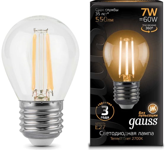 Лампа Gauss LED Filament Шар E27 7W 550Лм 2700K SQ 105802107 1