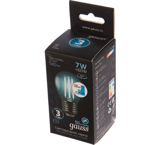 Лампа Gauss LED Filament Шар E27 7W 580Лм 4100K SQ 105802207-S