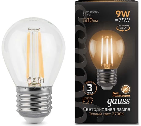 Лампа Gauss LED Filament Шар E27 9W 680lm 2700K 105802109