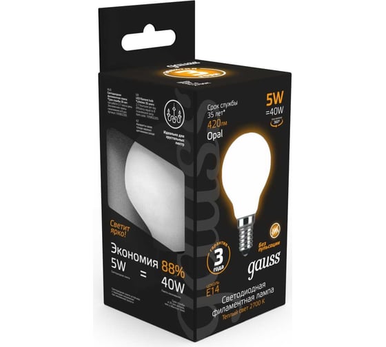 Лампа Gauss LED Filament Шар OPAL E14 5W 420Лм 2700K SQ 105201105