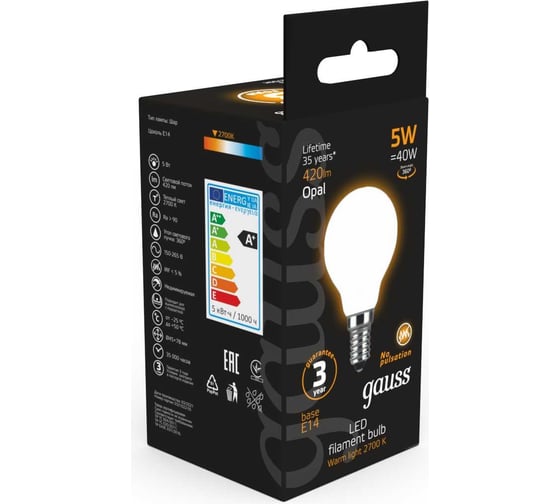 Лампа Gauss LED Filament Шар OPAL E14 5W 420Лм 2700K SQ 105201105