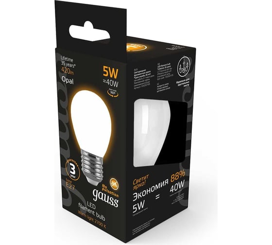 Лампа Gauss LED Filament Шар OPAL E27 5W 420Лм 2700K SQ 105202105