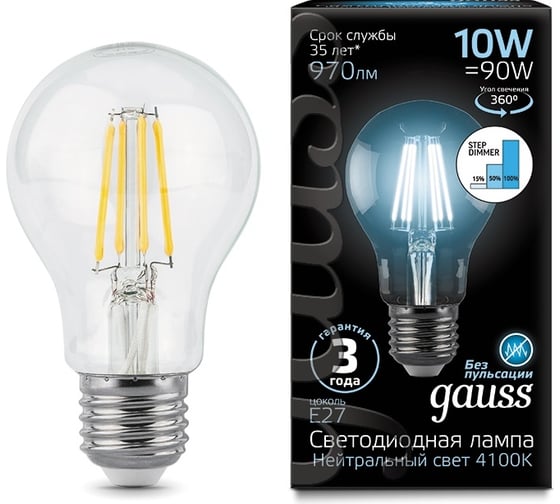 Лампа Gauss LED Filament A60 E27 10W 970lm 4100К step dimmable 102802210-S