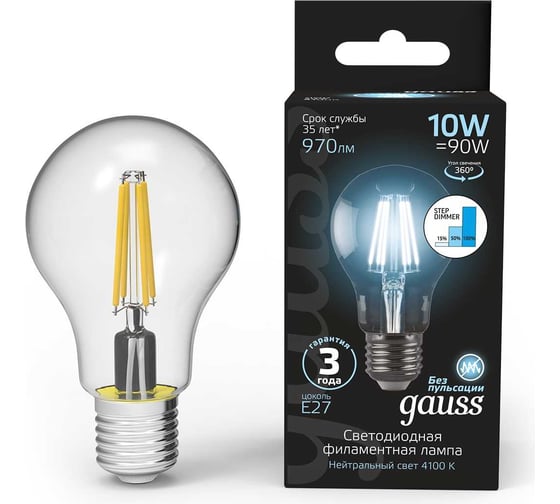 Лампа Gauss LED Filament A60 E27 10W 970lm 4100К step dimmable 102802210-S