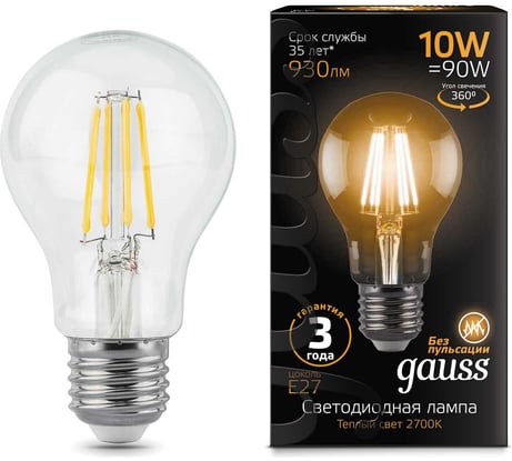 Лампа LED Gauss Filament A60 E27 10W 930lm 2700К 102802110