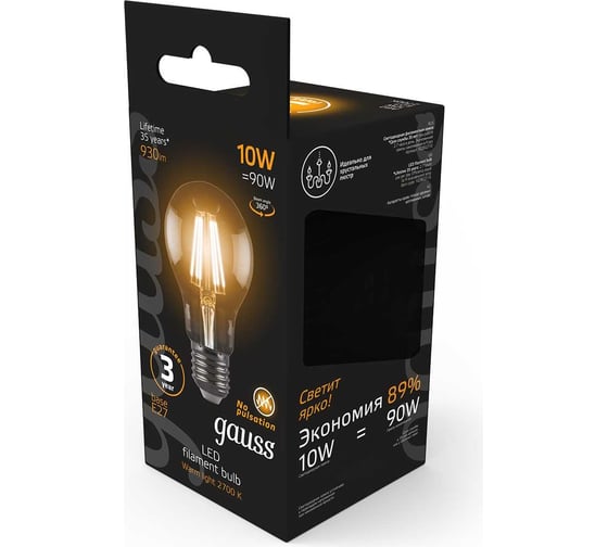Лампа Gauss LED Filament A60 E27 10W 930Лм 2700К SQ 102802110