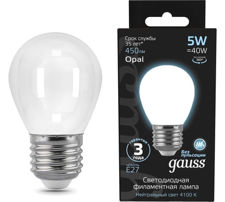 Лампа Gauss LED Filament Шар OPAL E27 5W 450Лм 4100K SQ 105202205