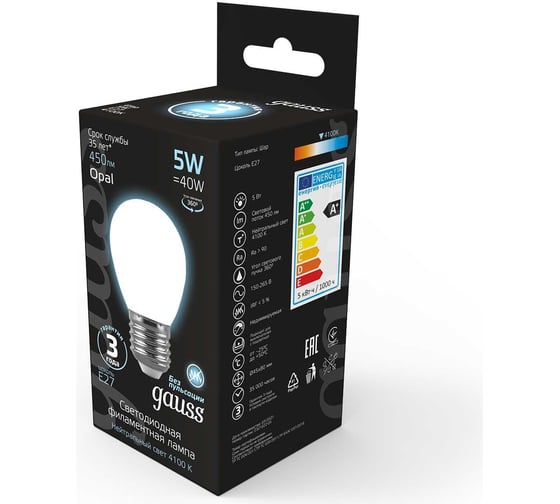 Лампа Gauss LED Filament Шар OPAL E27 5W 450Лм 4100K SQ 105202205
