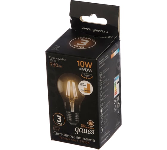 Лампа Gauss LED Filament A60 E27 10W 930lm 2700К step dimmable 102802110-S