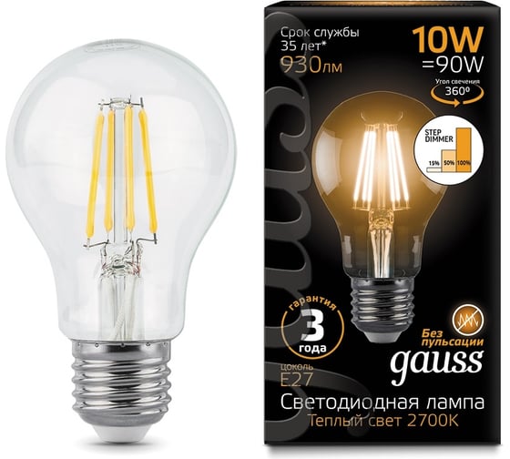 Лампа Gauss LED Filament A60 E27 10W 930lm 2700К step dimmable 102802110-S