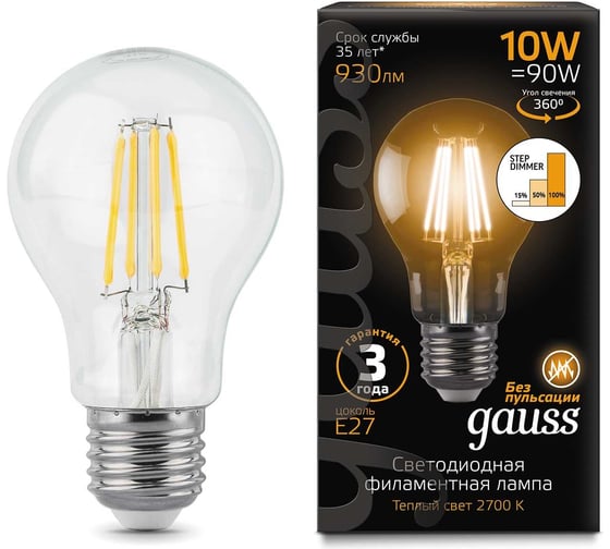 Лампа Gauss LED Filament A60 E27 10W 930lm 2700К step dimmable 102802110-S 1