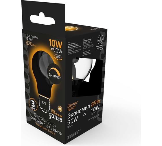 Лампа Gauss Filament диммируемая E27 A60 10W 820lm 2700К LED 102202110-D