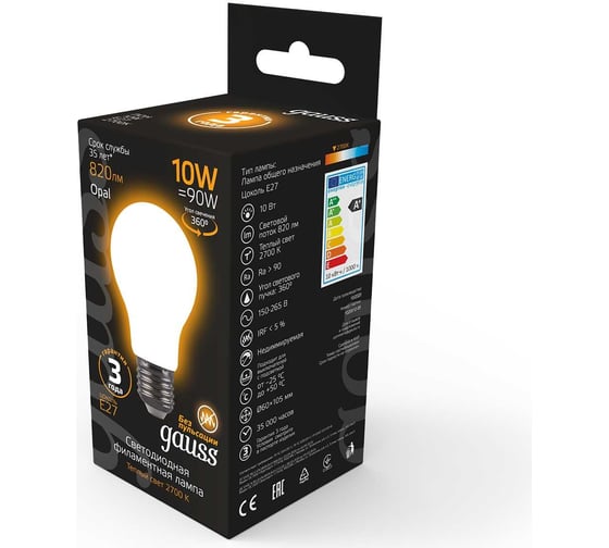 Лампа Gauss LED Filament A60 OPAL E27 10W 820Лм 2700К SQ 102202110