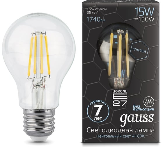 Лампа Gauss LED Filament Graphene A60 E27 15W 1740lm 4100К 102802215