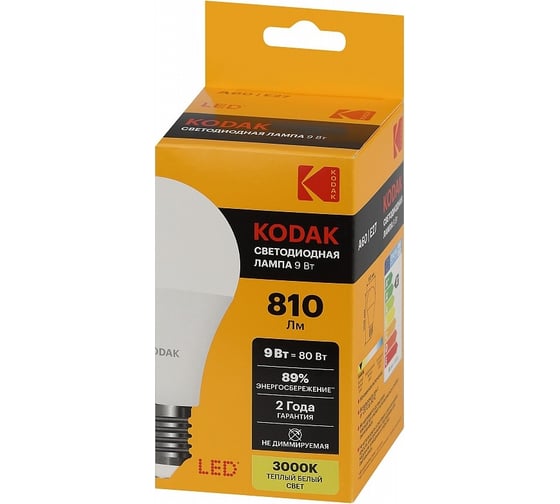 Светодиодная лампочка KODAK led a60-9w-830-e27 е27, 9вт, груша, теплый белый свет Б0057602