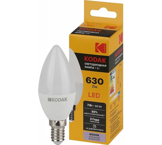 Светодиодная лампочка KODAK led b35-7w-865-e14 е14, 7вт, свеча, холодный дневной свет Б0057625