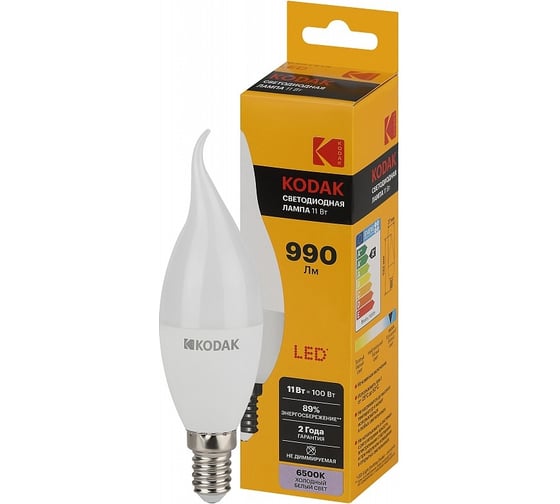 Светодиодная лампочка KODAK led bxs-11w-865-e14 е14, 11вт, свеча на ветру, холодный дневной свет Б0057637 1