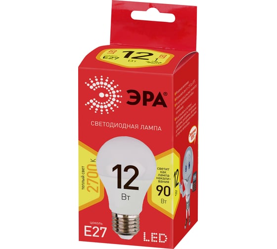 Светодиодная лампа ЭРА ECO LED A60-12W-827-E27, груша, теплый Б0030026