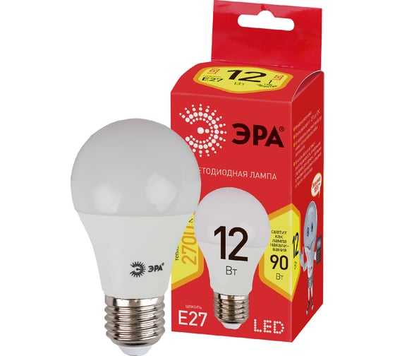 Светодиодная лампа ЭРА ECO LED A60-12W-827-E27, груша, теплый Б0030026