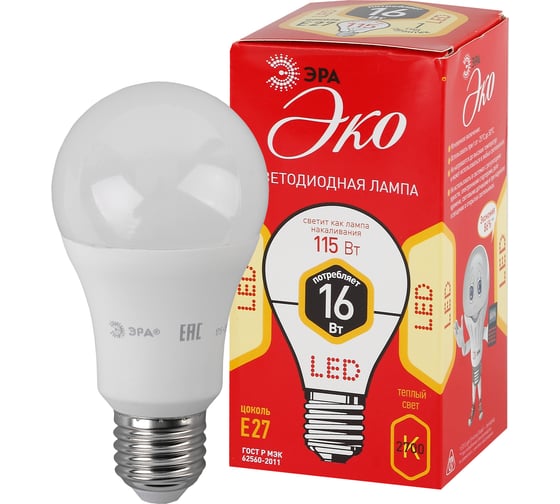 Светодиодная лампа ЭРА ECO LED A60-16W-827-E27, груша, теплый Б0031705