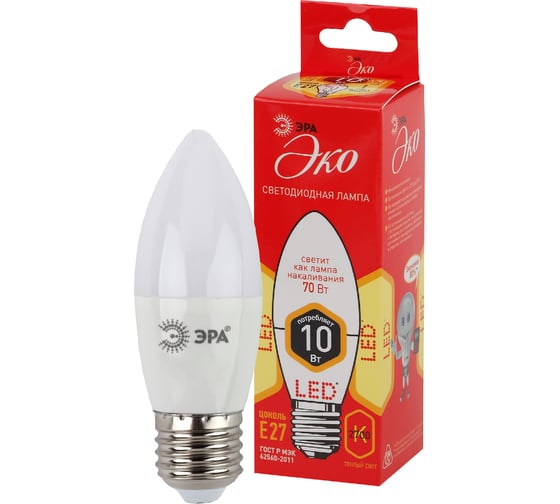 Светодиодная лампа ЭРА ECO LED B35-10W-827-E27, свеча, теплый Б0032962